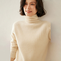 新款秋冬女修身长袖针织衫高翻领山羊绒衫抽条打底衫套头毛衣气质