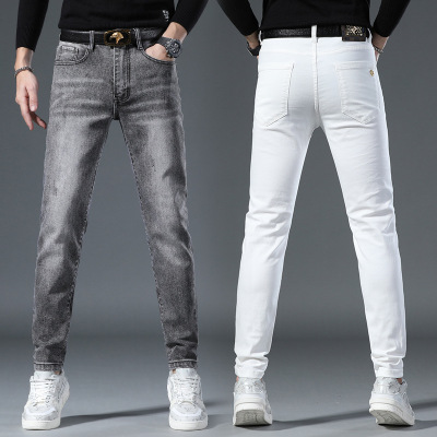 欧货牛仔裤男秋季薄款新款个性潮流弹力修身小脚白色牛仔裤子_135