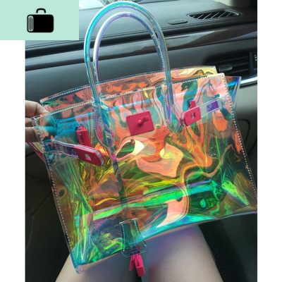 镭射包女斜挎沙滩包手提2020新款炫彩透明包包女夏天果冻包NEW LAKE女斜挎包