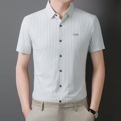 春夏新款男士条纹短袖衬衫商务休闲免烫垂感翻领通勤百搭男装_1
