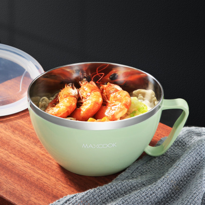 美厨(maxcook)304不锈钢泡面碗 学生饭盒快餐杯泡面杯900ML 带盖防漏双层隔热 绿色MCWA128