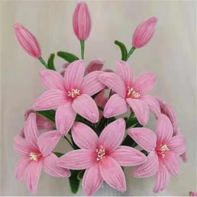 兆邦 简易版百合花手工DIY材料包加密扭扭棒手工花束 10朵花+3花苞浅粉(不带胶枪)