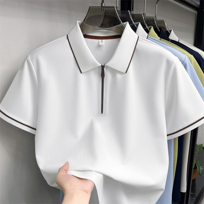锦氨无痕半拉链polo衫男2026夏季翻领纯色透气简约休闲短袖男T恤