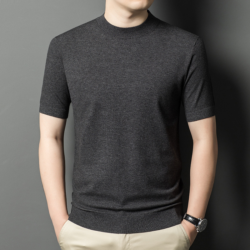 6羊毛精纺短袖男士针织衫春季新款可机洗半高领羊毛衫男