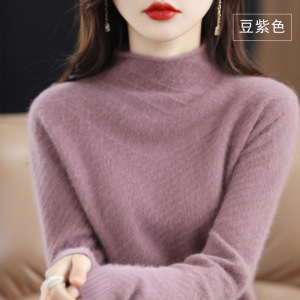 秋冬新款貂绒衫女半高领宽松套头纯色套头羊毛打底毛衣针织衫