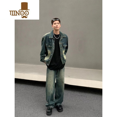 YANXU美式潮牌复古牛仔外套男春季潮流帅气潮牌高街宽松感夹克上衣