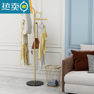 敬平简易衣架家用落地网红挂衣架小型衣帽架卧室客厅阳台晾衣架衣服架 猫耳款金色+黑白根+5个金色衣架