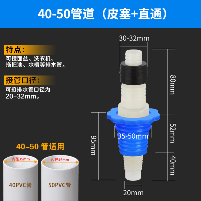  洗衣机排水管下水三通弯头40 50PVC管道密封圈闪电客接头Y型双排水接口 40-50管道(皮塞+直通)