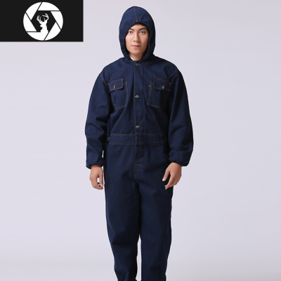 HongZun长袖厚款防尘连体服带帽男加厚电焊工作服牛仔连体汽修劳保服工装制服