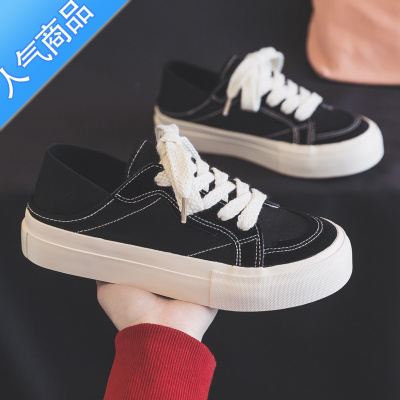 SUNTEK夏季透气半拖帆布鞋女鞋2023新款夏款一脚蹬懒人小黑鞋板鞋布鞋子