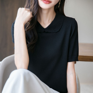 轻奢冰丝娃娃领针织短袖T恤女25夏季新款纯色薄款百搭五分袖上衣