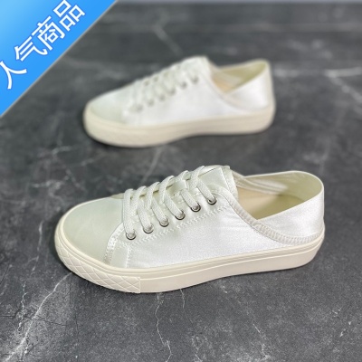 SUNTEK绸缎布面小香风帆布鞋女2023新款夏季小白鞋平底两穿休闲板鞋