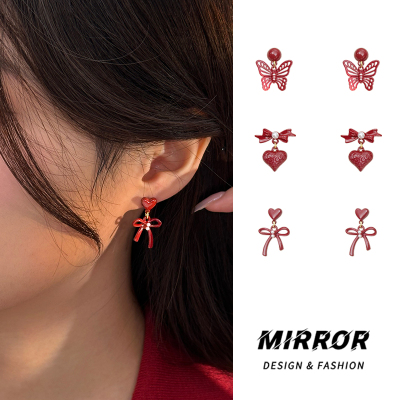 925纯银蝴蝶结爱心银针耳钉女耳环耳饰小众设计时尚个性送女朋友老婆情人节七夕生日礼物