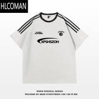 HLCOMAN美式潮牌字母印花三条杠短袖t恤男夏季简约百搭宽松情侣上衣