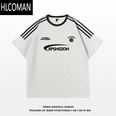 HLCOMAN美式潮牌字母印花三条杠短袖t恤男夏季简约百搭宽松情侣上衣