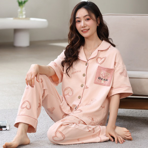 短袖长裤睡衣女夏季棉质薄款休闲开衫翻领外穿可爱卡通宽松家居服