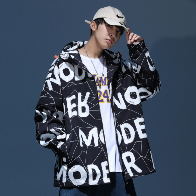 春季2022新品大码潮牌印花宽松夹克衫青年收口袖外套韩版休闲上衣男装