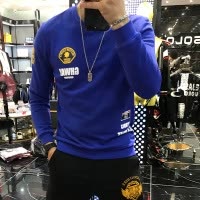 欧货春秋季男加绒加厚圆领修身韩版潮流印花青年长袖T恤打底