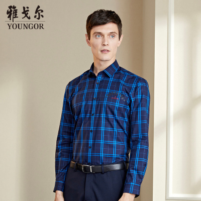 雅戈尔衬衫男秋季格子长袖衬衫男修身休闲衬衫商务休闲蓝色格纹
