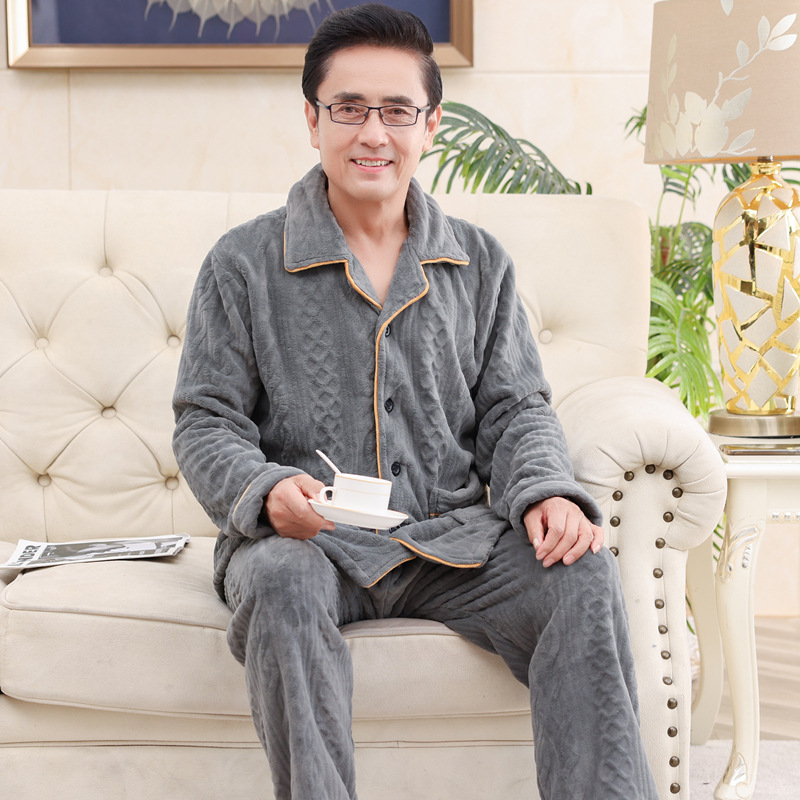 珊瑚绒睡衣男款秋冬季加绒加厚中老年人爸爸法兰绒男士家居服套装