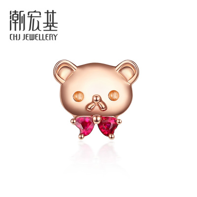 潮宏基FUN趣熊先生兔小姐红18K金耳钉玫瑰金红宝石耳钉女士单只FQ