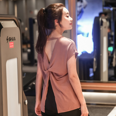 珂卡慕(kekamu)大码运动t恤女夏后背打结速干衣胖mm透气罩衫瑜伽健身