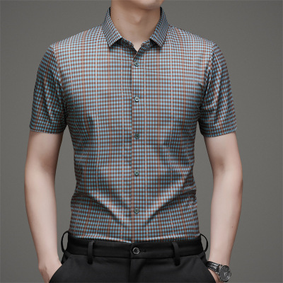格子短袖衬衫男士25夏季新款中青年时尚休闲薄款无痕衬衣男装