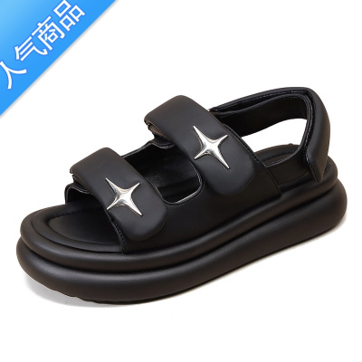 SUNTEK网红厚底凉鞋女2023年夏季新款外穿软底增高魔术贴罗马运动沙滩鞋