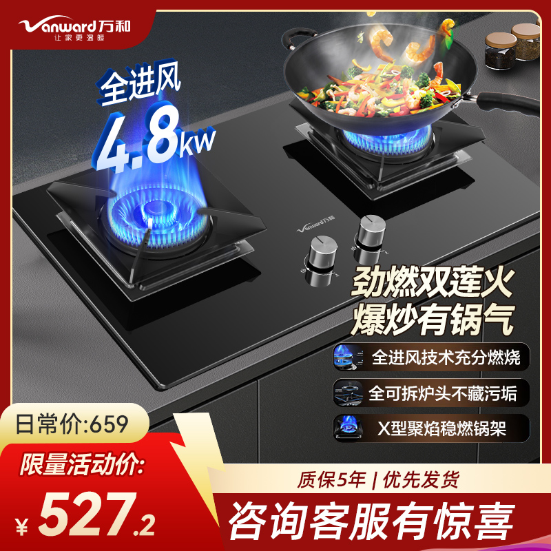 万和双眼燃气灶4.8KW钢化玻璃面板一级能效液化气旋转火技术可调底座C5L90S