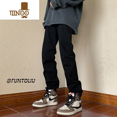 YANXU美式牛仔裤男士修身直筒长裤高街复古裤子黑色男生微喇宽松