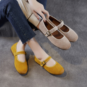 复古真皮浅口一字带玛丽珍单鞋头层牛皮软皮软底妈妈鞋百搭小皮鞋