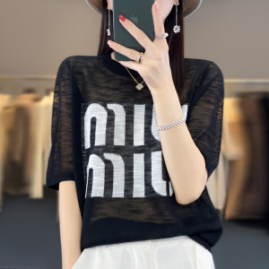 韩版时尚字母针织短袖T恤女夏新款凉爽透气冰丝半袖百搭上衣