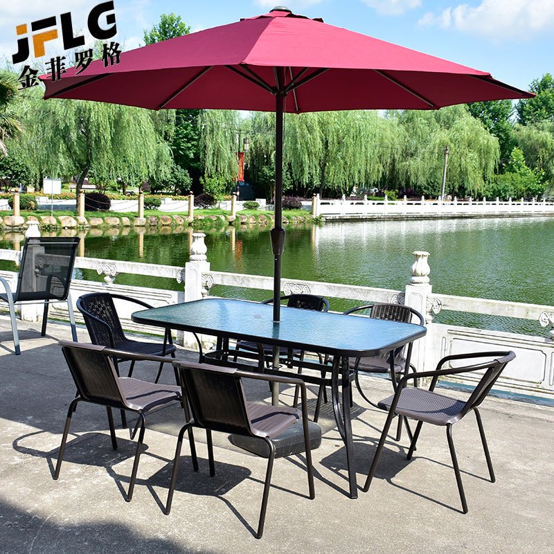 苏宁 金菲罗格 办公家具 户外露天阳台室外休闲带伞桌椅组合 波尔多6椅150*90长桌伞