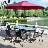 苏宁 金菲罗格 办公家具 户外露天阳台室外休闲带伞桌椅组合 波尔多6椅150*90长桌伞