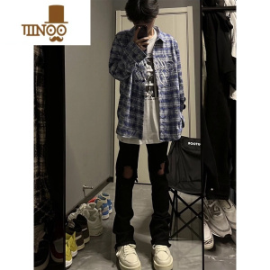 YANXU美式复古vibe裤子高街潮牌黑色破洞牛仔裤男夏季直筒修身微喇叭裤