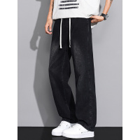 黑灰色松紧腰牛仔裤男款街头潮牌直筒休闲百搭耐磨抗皱男裤