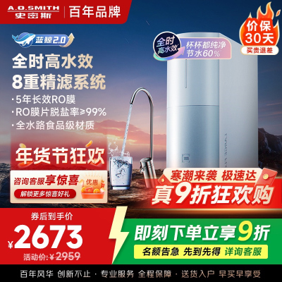 AO史密斯佳尼特净水器家用厨下直饮反渗透小体积5年长效RO膜CR2500BM1 2.5升/分钟澎湃 0陈水 全时高水效