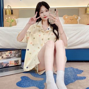 短袖短裤春夏季仿棉睡衣女开衫翻领卡通可爱韩版可外穿家居服套装
