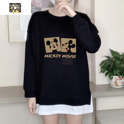 暖青汇大码女装胖MM宽松长袖女假两件上衣春秋装时尚薄款卫衣女外穿T恤大码女装