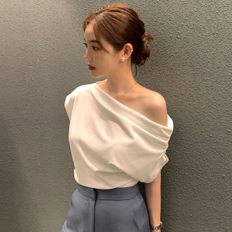 韩国chic2025夏季法式不规则斜肩设计感宽松纯色套头短袖T恤女潮