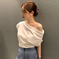 韩国chic2025夏季法式不规则斜肩设计感宽松纯色套头短袖T恤女潮