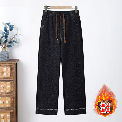 时尚休闲牛仔裤子40-60岁中年女大码宽松直筒长裤加绒保暖女士冬