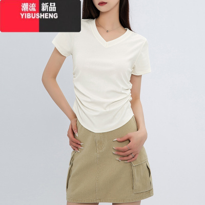YIBUSHENG大码黑色v领正肩短袖t恤女季胖mm遮肚子法式收腰褶皱不规则上衣