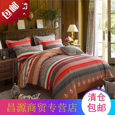 时尚条纹全棉磨毛绒布四件套加厚中老年深色纯棉被套2.0m双人床品