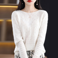 一线成衣羊毛衫女早春秋宽松圆领镂空长袖套头羊绒针织衫打底毛衣