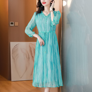 真丝连衣裙女夏季新款妈妈收腰a字显瘦气质大码雪纺中长裙子