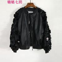 锦铭七玥2018季新品走秀款女士皮衣黑色网纱亮片修身棒球服学生短款外套