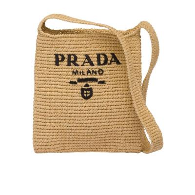 普拉达(PRADA)女士单肩包稻草柳条刺绣徽标时尚休闲百搭配饰手提