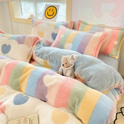 冬季牛奶绒四件套卡通珊瑚绒被套加绒床上三件套法兰绒床单
