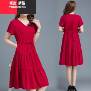 YIBUSHENG小个子大码短袖纯色棉绸裙连衣裙遮肉显瘦中长裙通勤出游裙沙滩裙